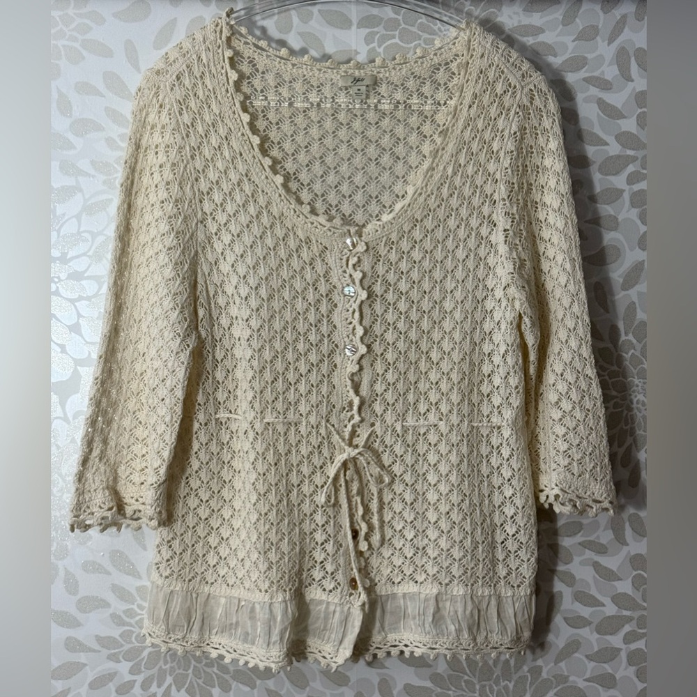 J. Jill Women’s M Ivory White Lace Semi Sheer Knit Tie Waist Cardigan Top Blouse